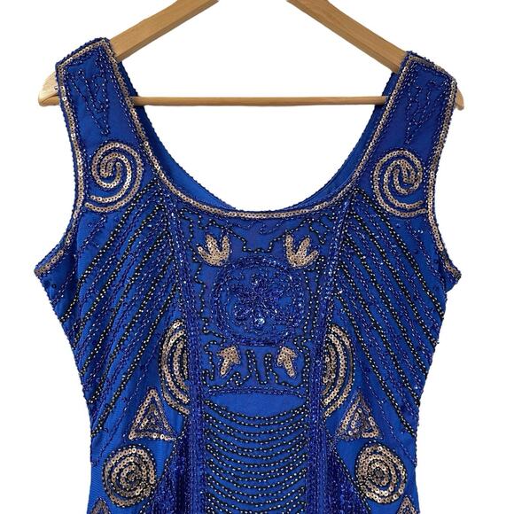 Unique Vintage Royal Blue Flapper Mini Dress S Beaded Sequin Fringe NWT - Picture 2 of 10